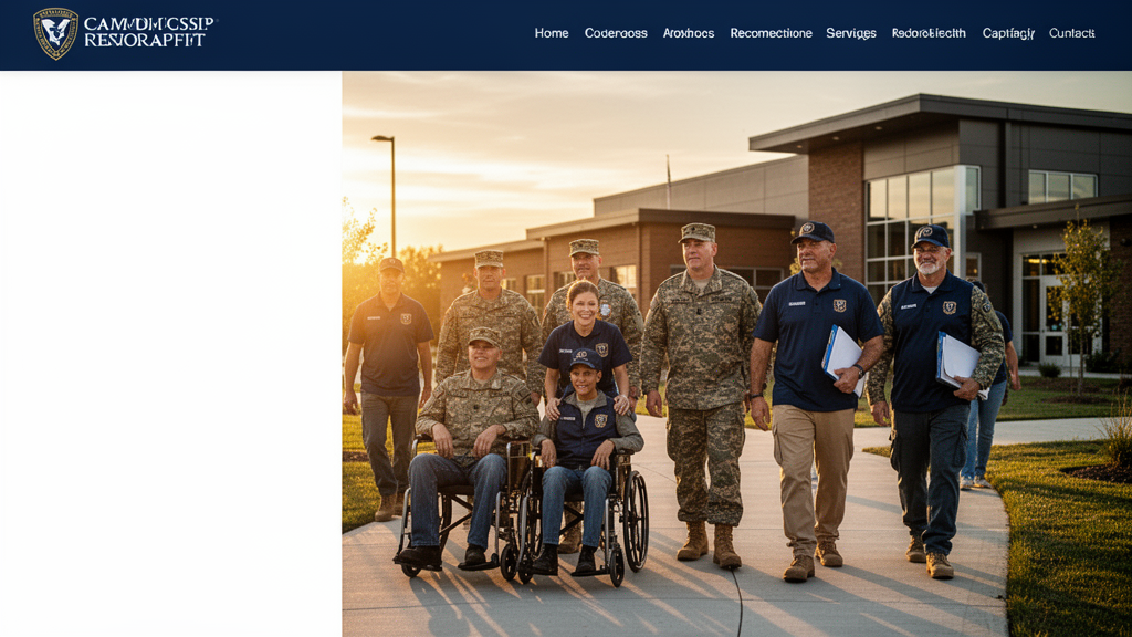 Veterans and volunteers walking together outside a community campus